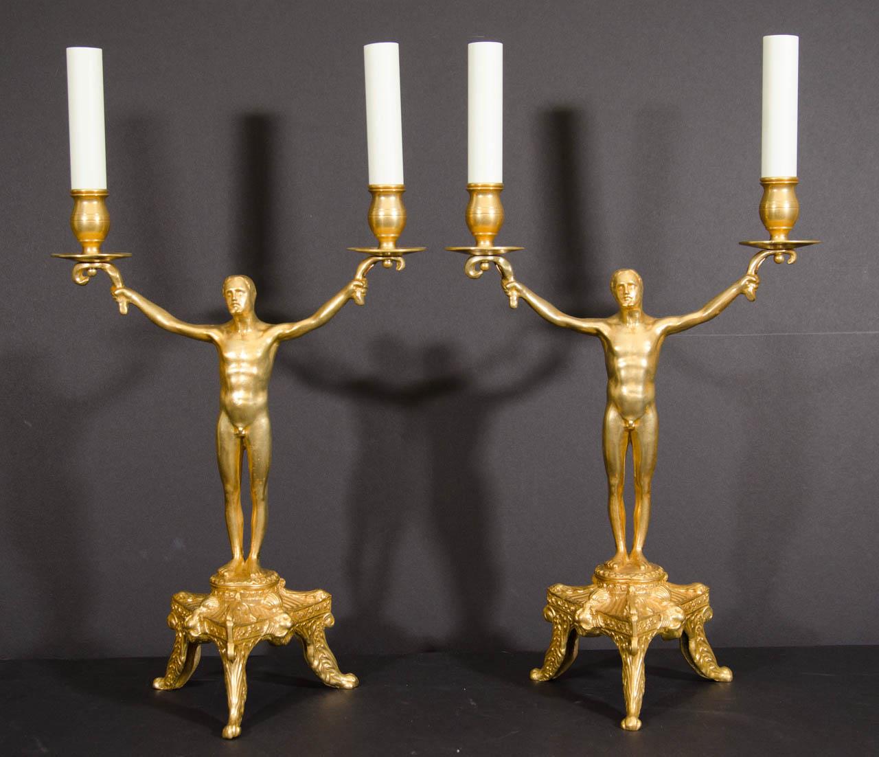 Gilt Bronze Figural Art Deco Two Light Candelabra, Germany 20th