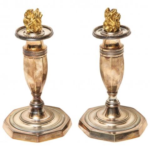 Silvered Bronze And Gilt Directoire Candlesticks With Snuffers, France Late 18th Century