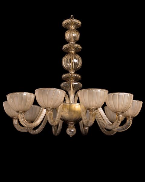 Amber colored Venetian glass ten light chandelier with large rib