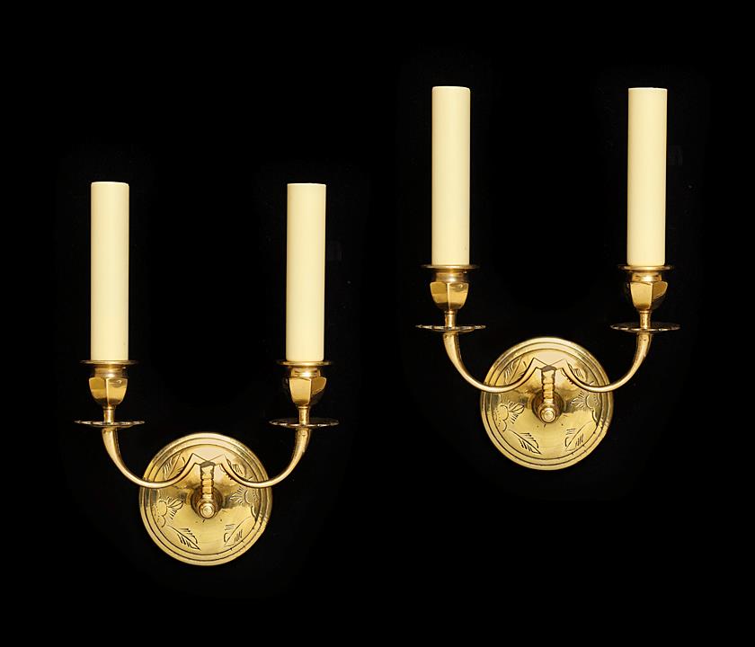 Brass Engraved Two Light Sconces, England Late 19th Century