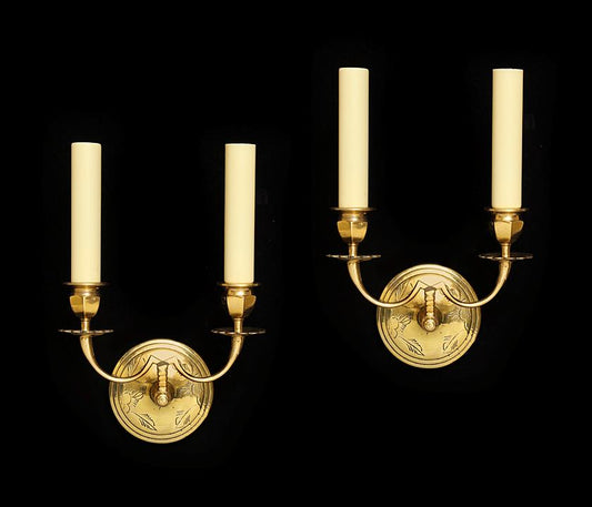 Brass Engraved Two Light Sconces, England Late 19th Century