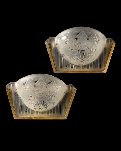 "MULLER FRERES" molded glass and brass two light sconces France,