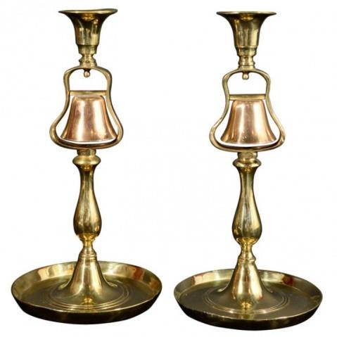 Turned Brass Pub Bell Candlesticks, England 19th Century