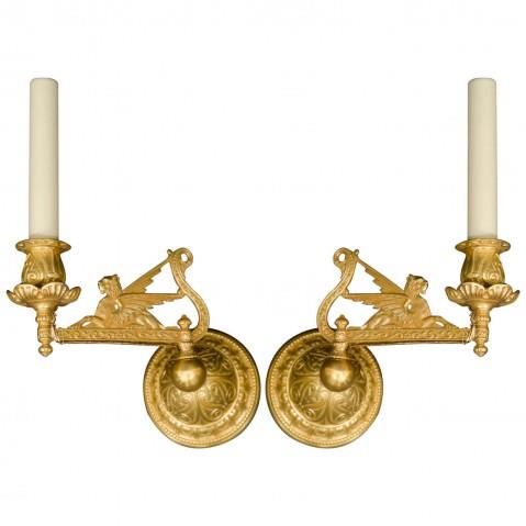 Mythological Lion Motif Gilt Bronze Swing Arm One Light Sconces,