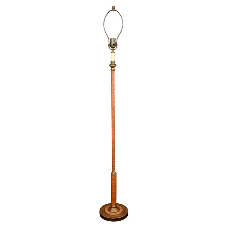 Brass And Leather Wrapped Floor Lamp In the Manner Of ADNET, Fra