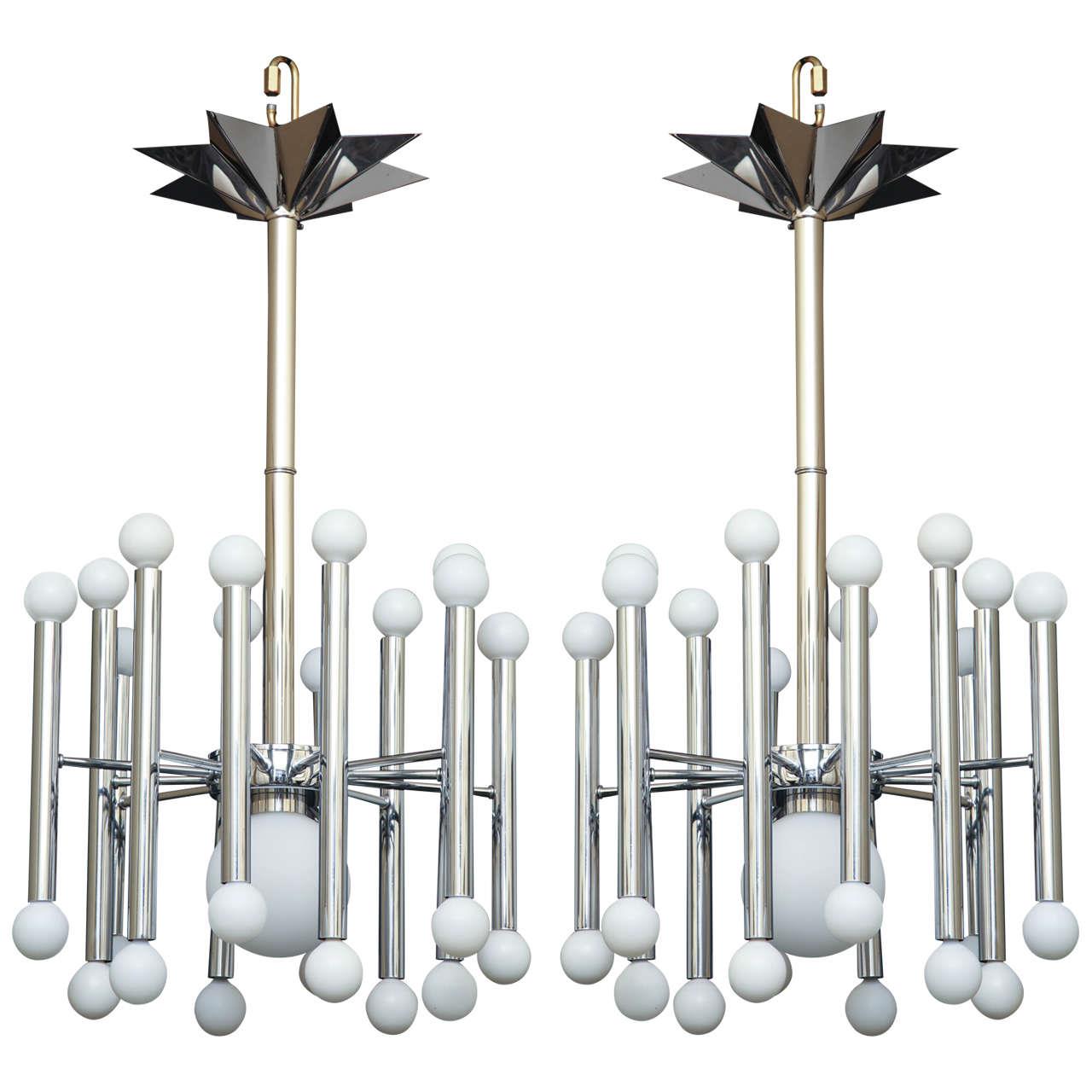 Chrome And Frosted Glass Twenty-Five Light Chandeliers With Star