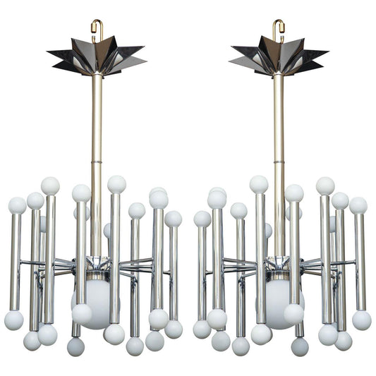 Chrome And Frosted Glass Twenty-Five Light Chandeliers With Star