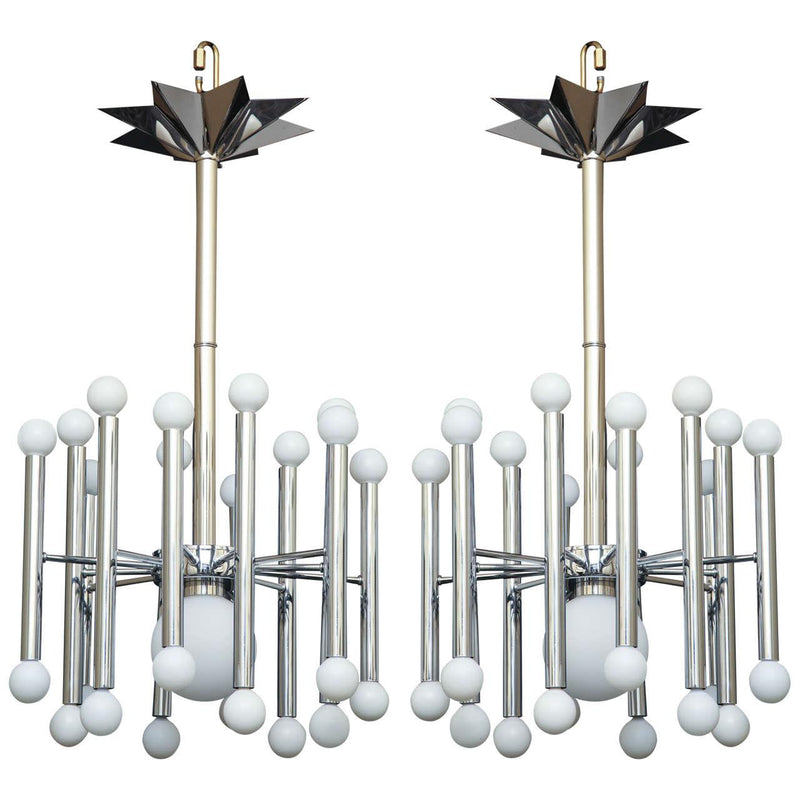 Chrome And Frosted Glass Twenty-Five Light Chandeliers With Star