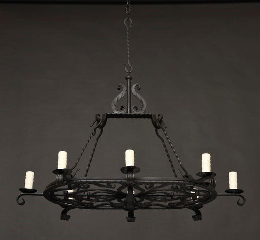 Wrought Iron Oval Shaped Eight Light Chandelier, Italy Twentieth