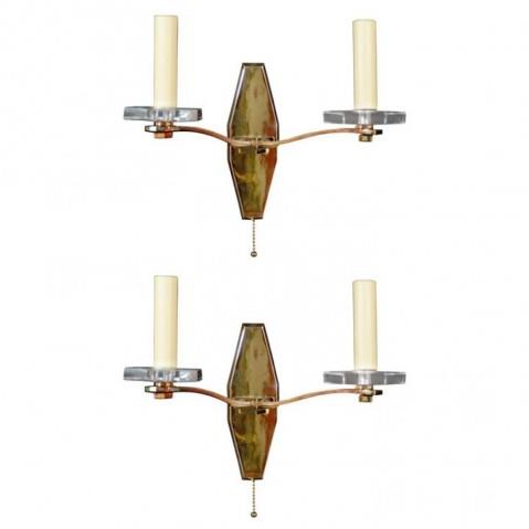 Brass And Glass Two Light Art Deco Style Sconces, Italy Mid 20th Century