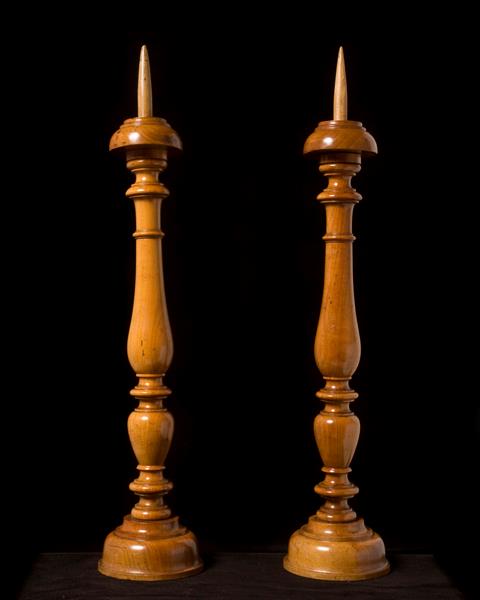 Fruitwood Hand Turned Candlestick Lamps, England 19th Century