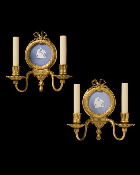Gilt Bronze Two Light Sconces With Laurel Leaf and Ribbon Motif With LIMOGES Inset Plaques, France 19th Century