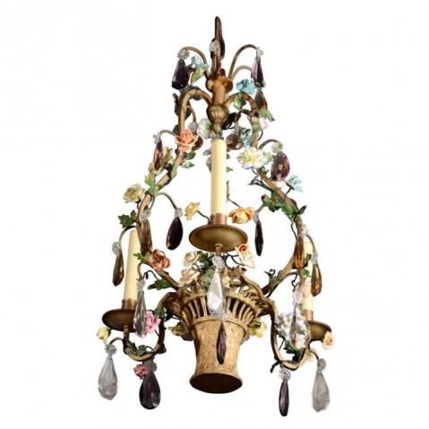 Gilt Bronze Basket Motif Three Light Chandelier With Hand Painted Flowers, France Late 19th Century