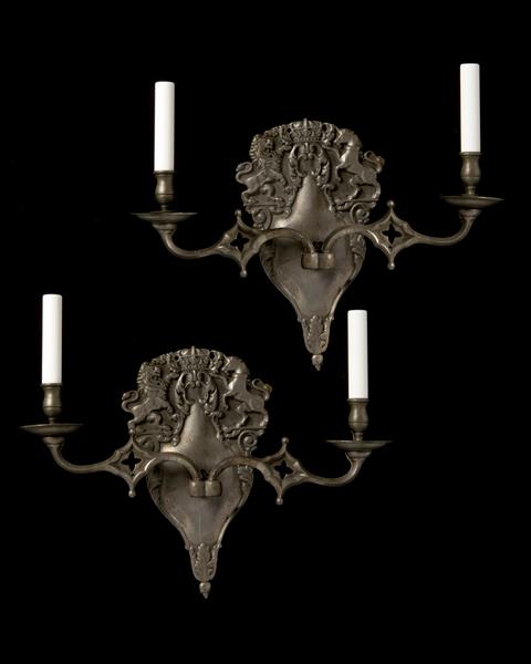 Pewter Crest Backed Two Light Dutch Sconces, 19th Century
