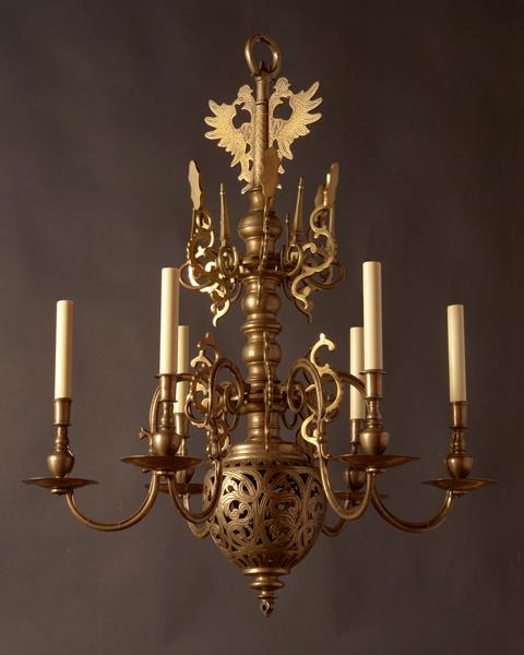 Brass Fret Work Six Light Chandelier With Candle Reflectors, Hol