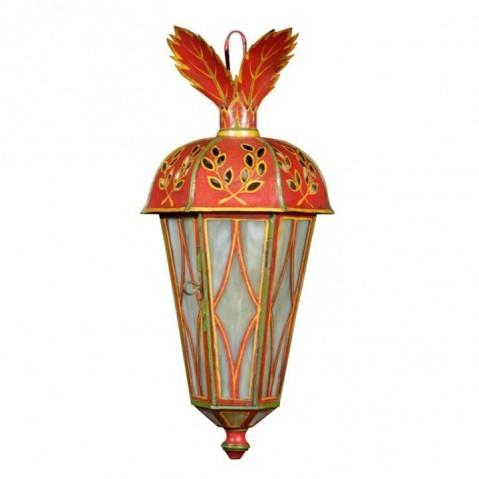 Polychrome Tole And Iron Wall Lanterns With Paneled Slag Glass,
