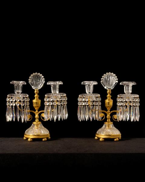 Cut Crystal And Gilt Bronze Regency Two Light Candelabra, Englan