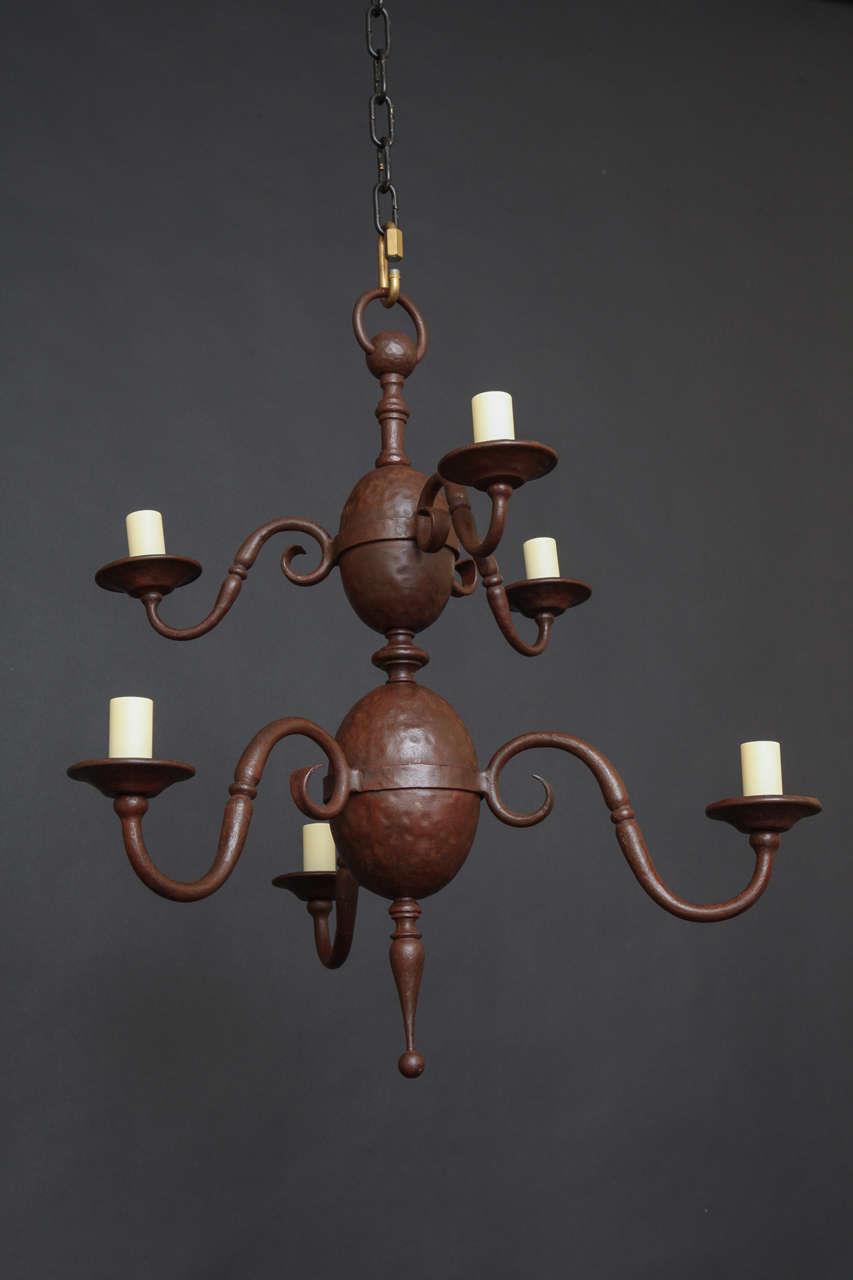 Hand Forged Patinated Iron  Two Tiered Six Light Chandelier By "