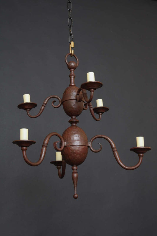 Hand Forged Patinated Iron  Two Tiered Six Light Chandelier By "