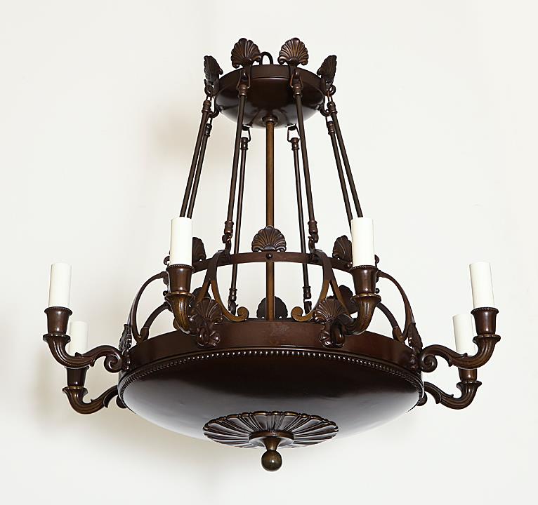 Patinated Bronze Art Nouveau Eight Arm Ten Light  Chandelier, Fr