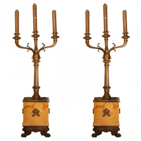 Bronze And Siena Marble Three Light Torcheres, France 19th Century