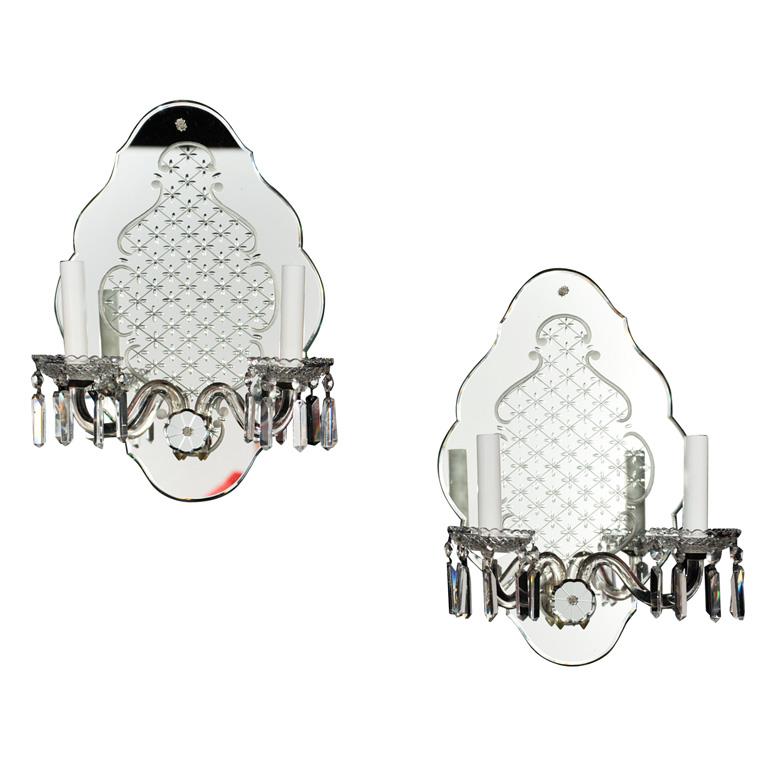 Etched Mirror Two Light Sconce With Glass Arms And Pressed Glass