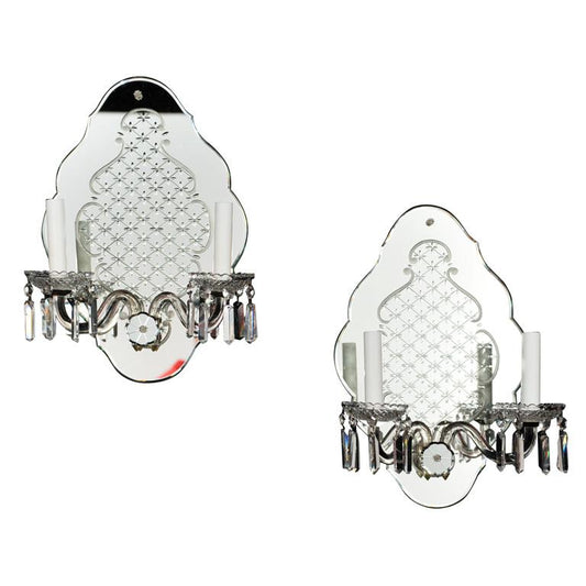 Etched Mirror Two Light Sconce With Glass Arms And Pressed Glass