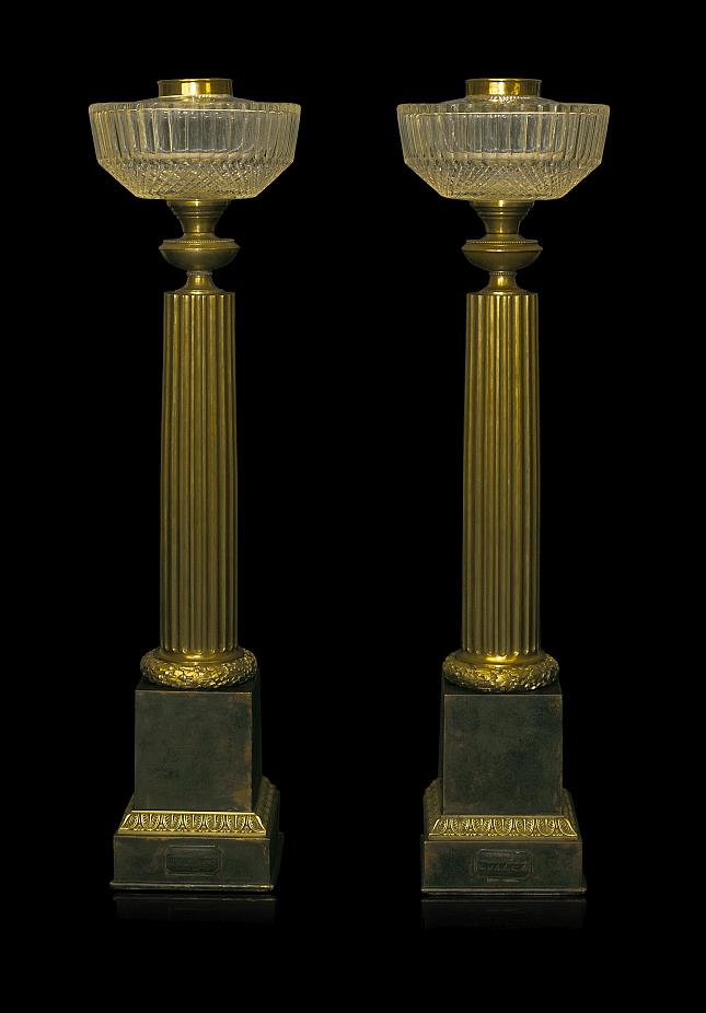 Polished And Patinated Bronze Column Lamps With Cut Crystal Oil Fonts, France 19th Century