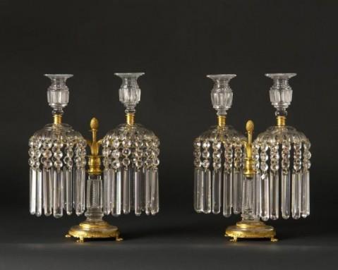 Cut Crystal And Gilt Bronze Regency Two Light Candelabra, Englan