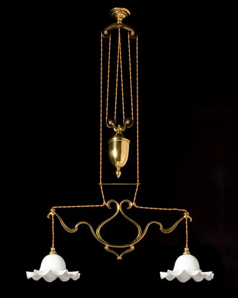 Brass Rise And Fall Art Nouveau Two Light Chandelier, England La