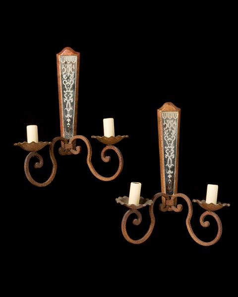 Etched Mirror, Iron And Wood Two Light Sconces, Italy Early 20th Century