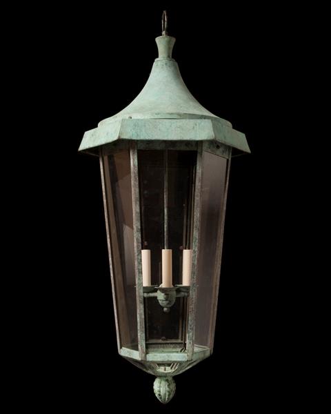 Verdigris Iron and Glass Paneled Hexagonal Art Deco Lantern, Fra