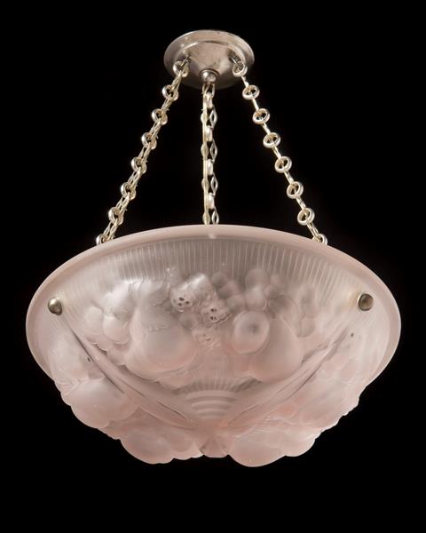 ART DECO Rose colored molded glass pendant with fruit motif, Fra