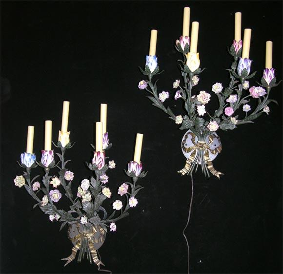 Hand Painted Iron And Porcelain Flower Motif Six Light  Sconces,