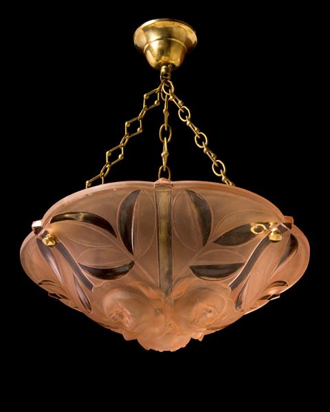 Molded  Rose Colored Frosted And Clear Glass Art Deco Three Ligh