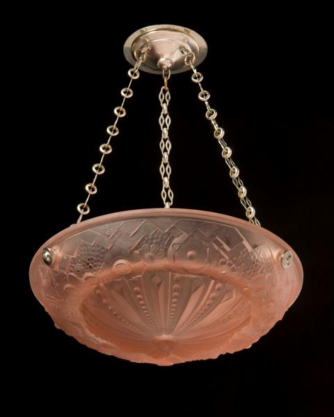 Molded Glass Rose Colored Art Deco Three Light Pendant, France E