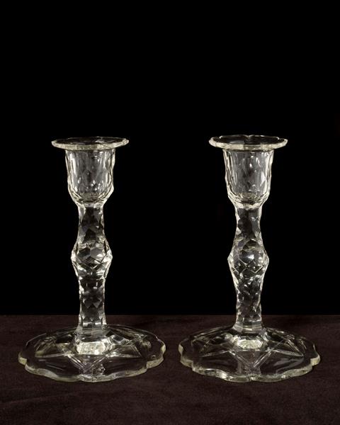 Hand Cut Crystal Candlesticks With Petal Shaped Bases, England 1
