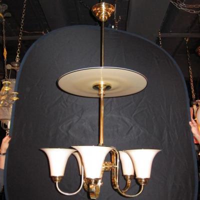 Black Trimmed White  Venetian Glass And Polished Brass Five Ligh