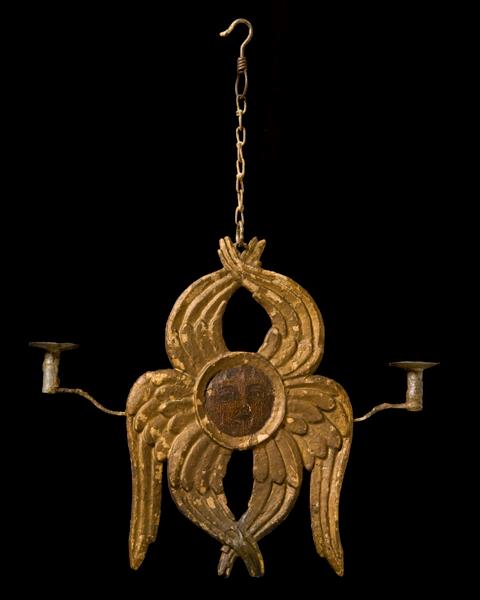 Polychrome Wood And Iron Two Light Chandelier With Double Sided