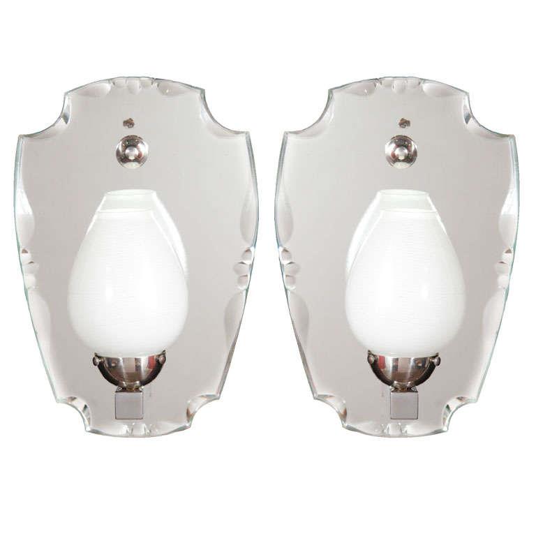 Mirror And Chrome Art Deco One Light Sconces With Glass Shades, France 20th Century