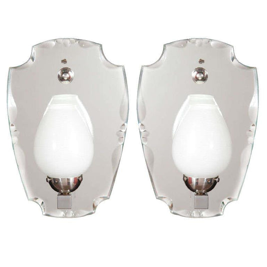 Mirror And Chrome Art Deco One Light Sconces With Glass Shades, France 20th Century