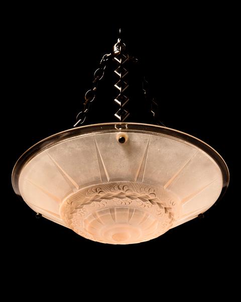 Molded Glass Peach Colored Art Deco Three Light Pendant, France