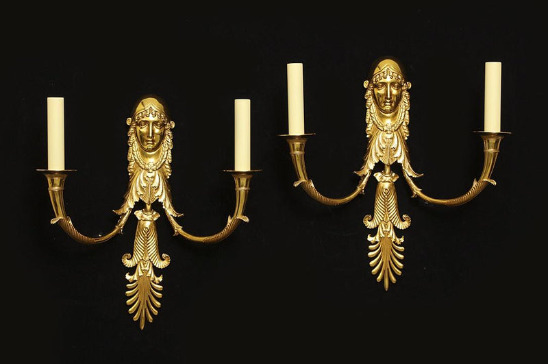 Gilt Bronze Empire Style Two Light Sconces With Mask Motif, Fran