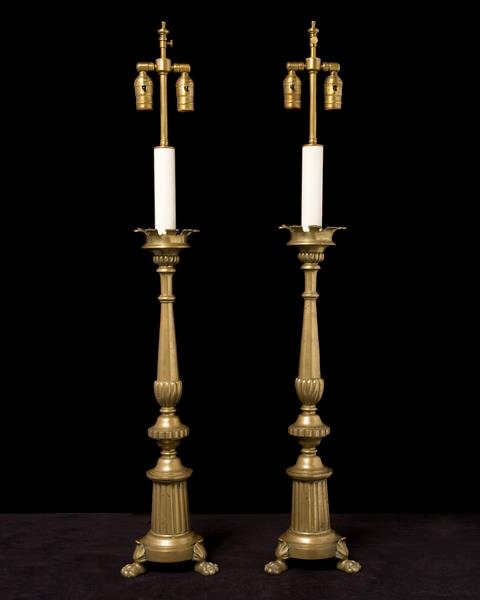Bronze Pricket Candlestick Lamps, Italy 19th Century