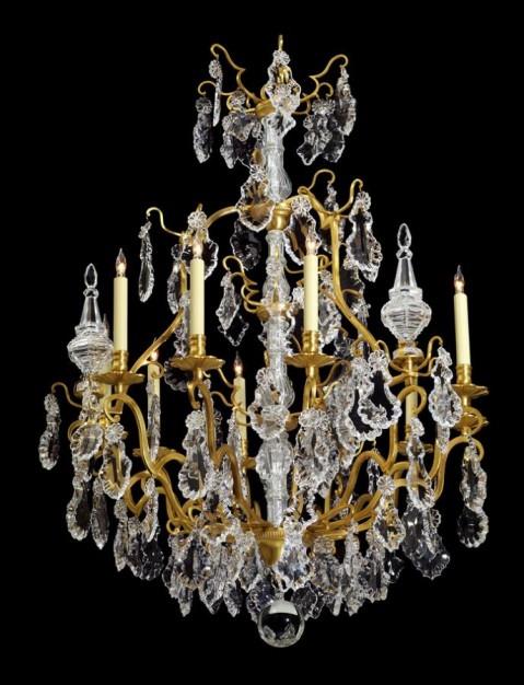 Gilt Bronze Louis XV Style Nine Light Chandelier With Crystal Pe