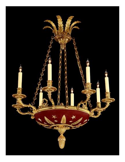 Empire Style Red Tole and Gilt Bronze Eight Light Chandelier.