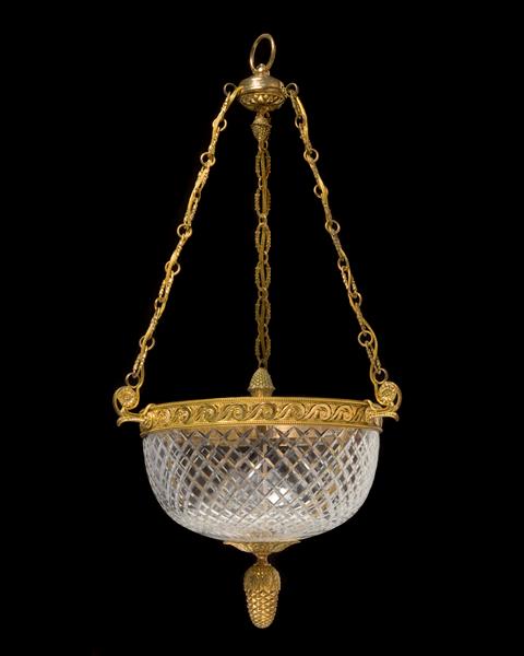 Gilded Bronze and Cut Crystal Three Light Pendant.