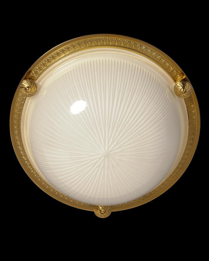 Gilt Bronze Two Light Flush Mount With Molded Ribbed Glass