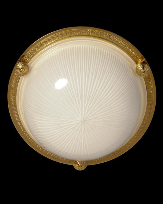 Gilt Bronze Two Light Flush Mount With Molded Ribbed Glass