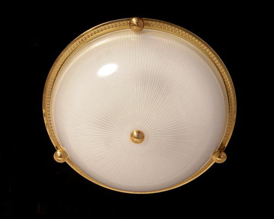 Gilded Bronze and Ribbed Glass Three Light Flushmount With Palme